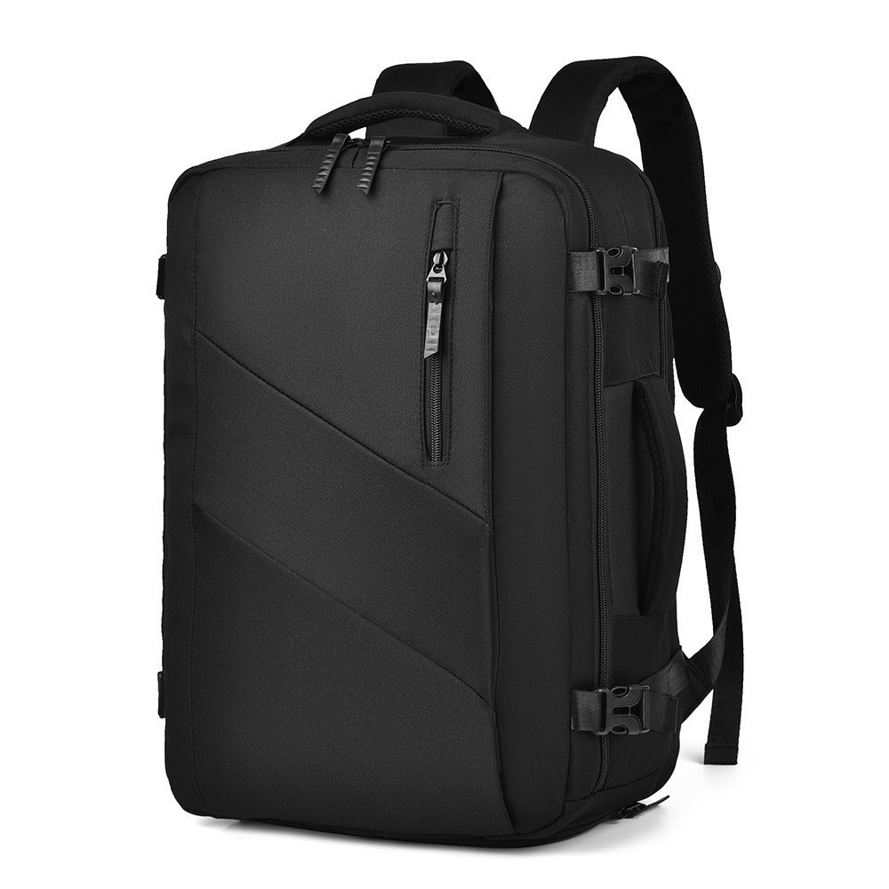 Ridgework 30L travel backpack in black, front three-quarter view